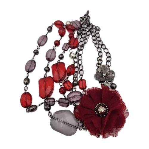 VETEMENTS Collana NY NEW YORK Designer Multifilo Perline Smalto Rosso Grigio Fiori 17"