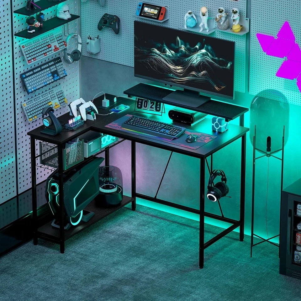 Computer Gaming Corner Desk LED Lights USB Ports L Shaped Shelves Home Office - Image 2 of 4