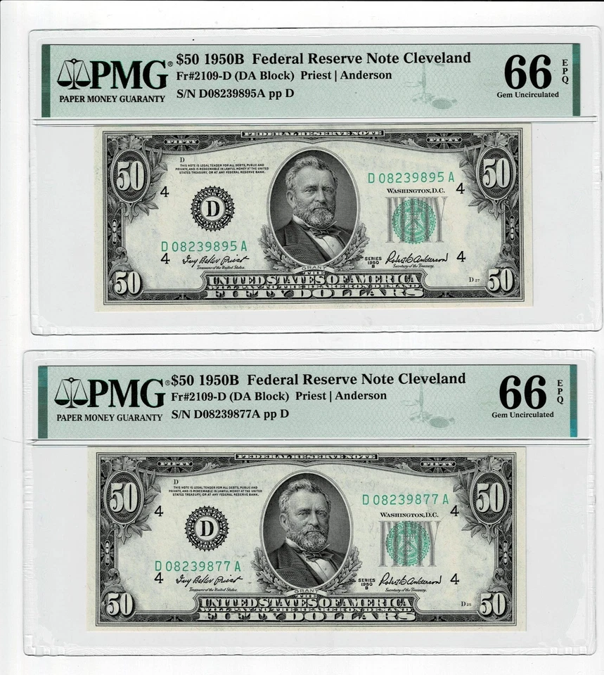 Consecutive Triplet 1950B $50  FR 2109-D DA Block PMG 66 EPQ Sequential - Image 3 of 4