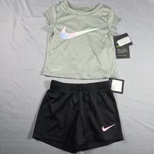 Nike Dri-Fit Little Girl's 2-Piece Graphic Tee Short Set Gray Black 2T