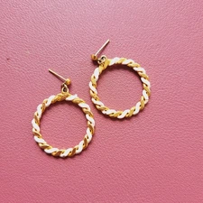 Gold tone dangle drop studs twisted hoops pierced retro earrings pre-owned 3.5cm
