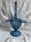 Fenton Ceylon Blue Art Glass Basket Handpainted by P. Lauderman