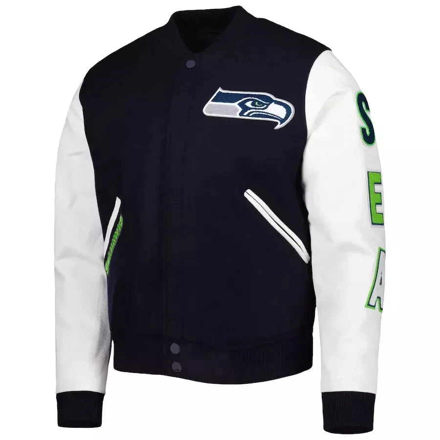 Seattle Seahawks Varsity Jacket Navy / White Wool & Leather Bomber Style Coat