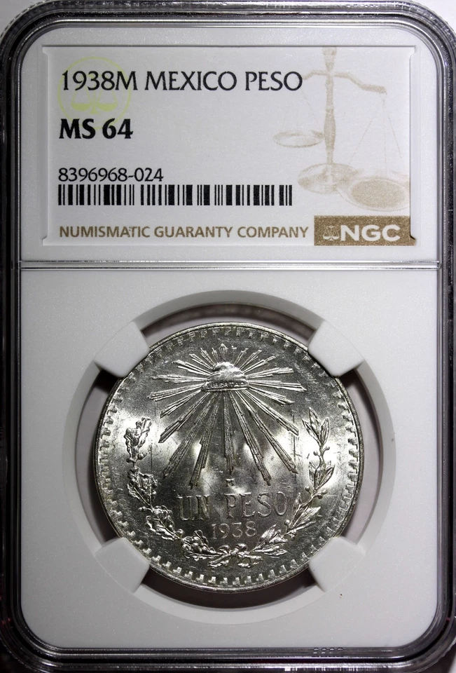 Mexico ESTADOS UNIDOS MEXICANOS Silver 1938 M Peso NGC MS64 GEM BU KM# 455 (4) - Image 2 of 4