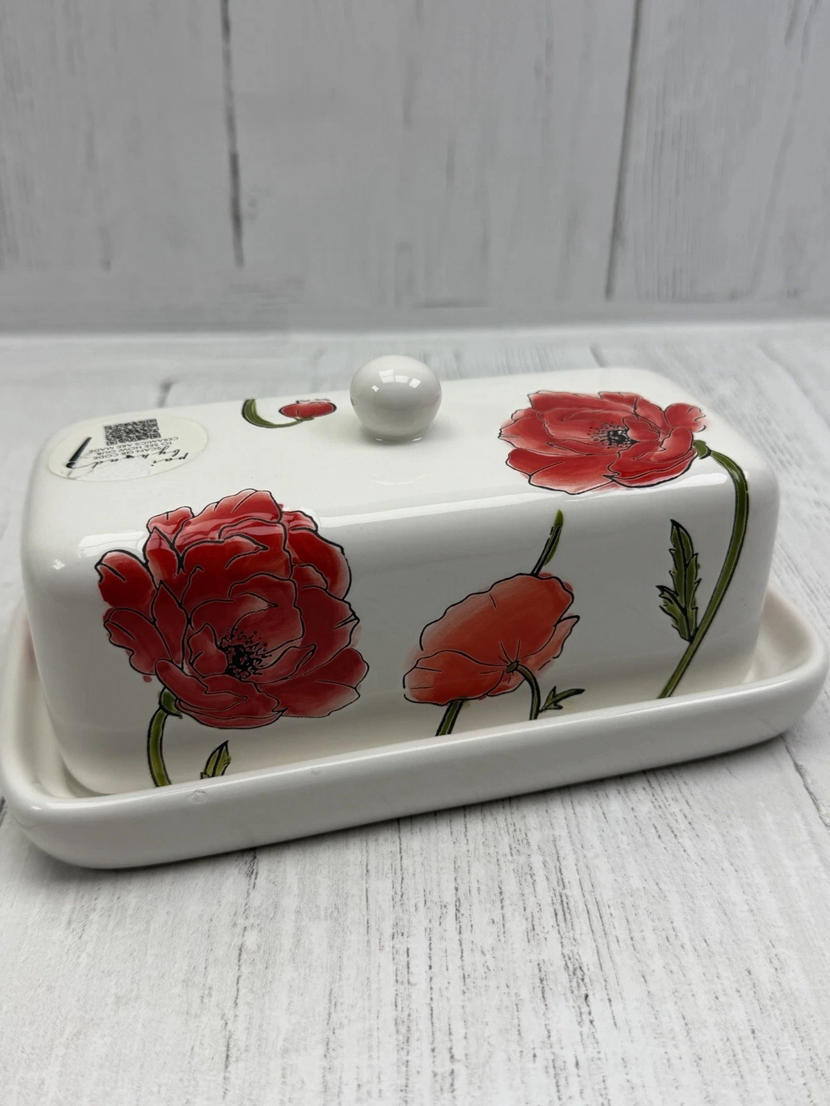 Lang Butter Dish White Ceramic Hand Painted Red Poppy Floral Vintage