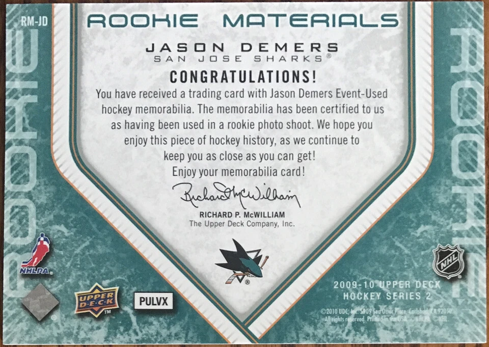 2009-10 Upper Deck Rookie Materials Jason Demers #RM-JD San Jose Sharks - Image 2 of 2
