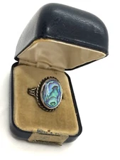 Vintage PAUA-CRAFT Midcentury Paua Shell & Sterling Silver Ring: sz 5.5 w/ Sizer