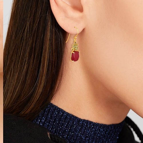 Natural Multi Gemstone Gold Plated Earring Jewelry With Peridot & Ruby - Picture 2 of 5