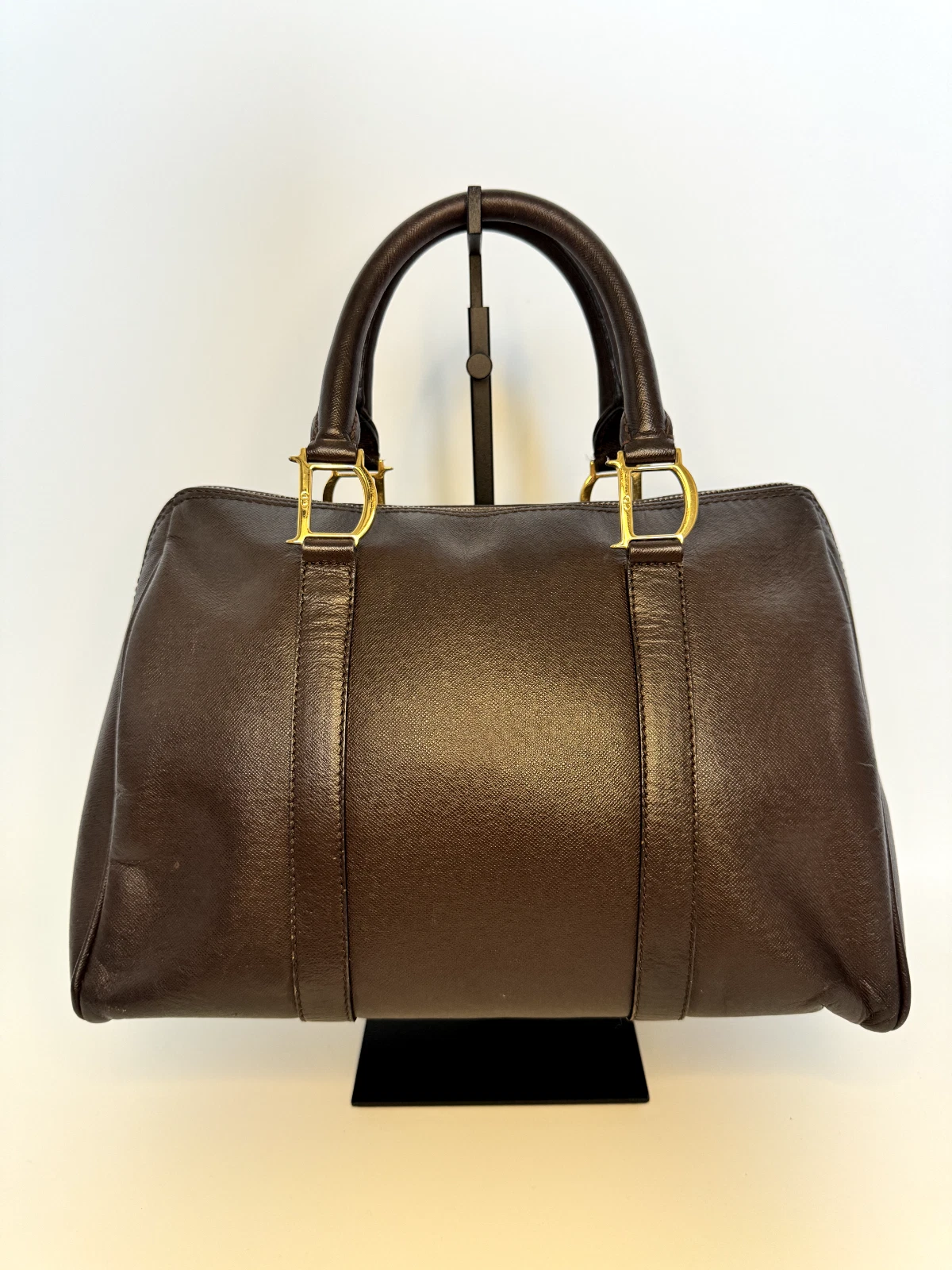 Authentic Christian DIOR Boston Handbag in Brown Leather (Rare) GOOD CONDITION