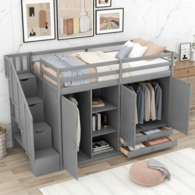 Modern Wood Loft Bed w/Staircases & Wardrobe Bookshelves Twin Size Bed Frame