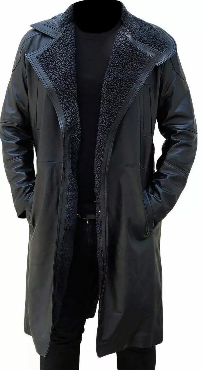 Men's long trench coat black lambskin leather classic designer