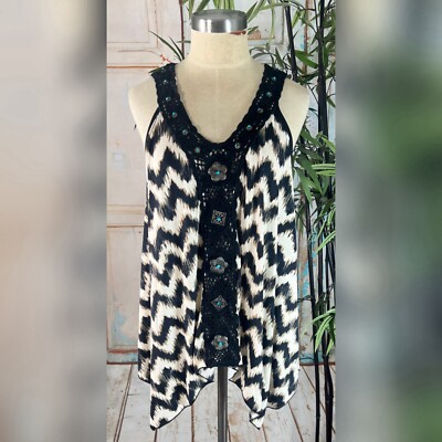 Women's Size M Boston Proper Chevron Crochet Turquoise Embellished Trapeze Top