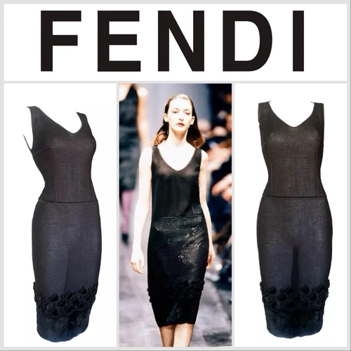 NUOVO FENDI By KARL LAGERFELD abito nero pelliccia trasparente A I 1998 taglia 40 VINTAGE RARO