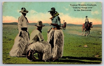 Typical Western Cowboys Talking Things Over c1910 Postcard