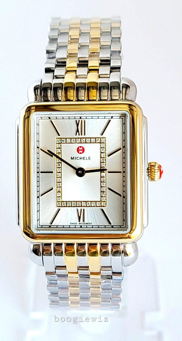 MICHELE SWISS  DECO II DIAMOND SILVER FACE  2 TONE DRESS WATCH, MWW06x000037 NIB