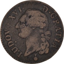 Coin, France, Louis XVI, Sol à l'Ecu, 1791, Metz, S+, Copper, Gadoury:350