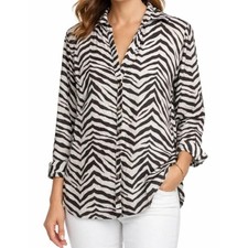 Elie Tahari Zebra Stripe 100% Linen Long Sleeve Top Shirt in Natural and Brown M