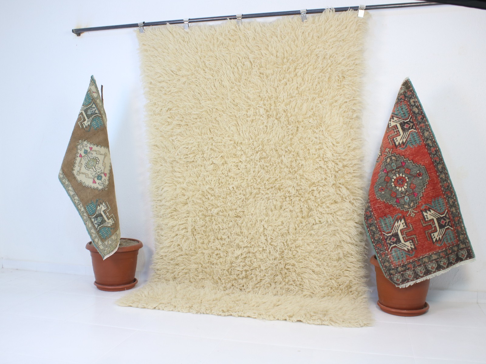 5x7 Turkish Handmade Shaggy Area Rug Beige Sheepskin 4.6x7.0 ft