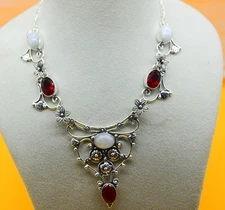 Moonstone&Garnet Gemstone 925 Sterling Silver Jewelry Necklace Size 17-18"