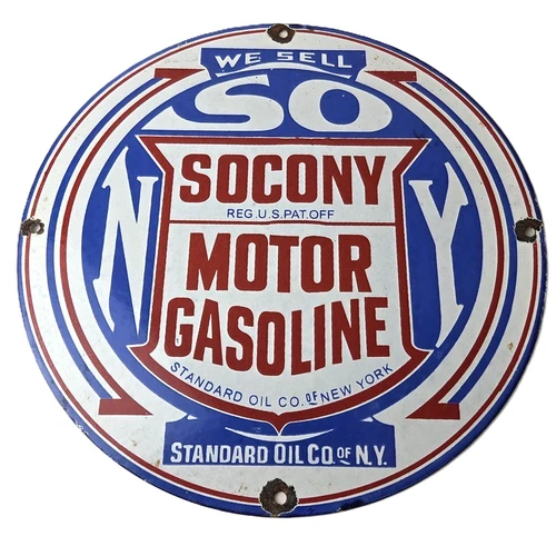 Vintage Socony Gasoline Sign - Motor Oil Porcelain Gas Pump Station Sign
