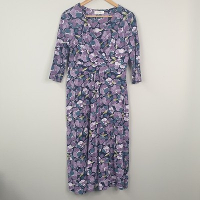 Seasalt Chapelle Dress Womens UK 12 Purple Floral Wrap Style Bodice Casual Retro