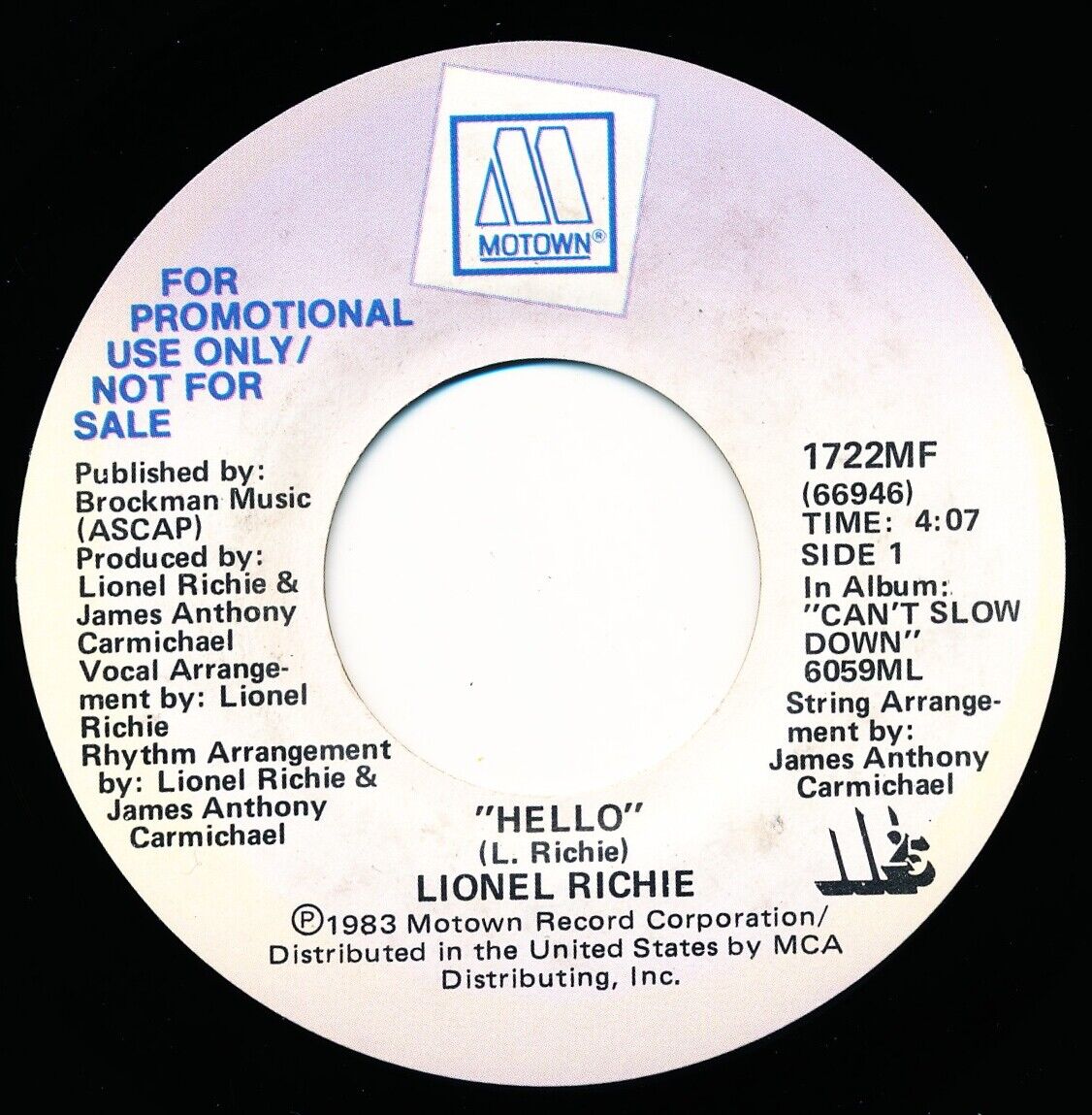 LIONEL RICHIE - HELLO - PROMO - MOTOWN 1722MF - 45 Record VG+