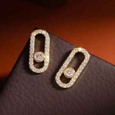 14K Gold Geometrical Paris Inspired Link Paperclip Diamond Inlay Earrings