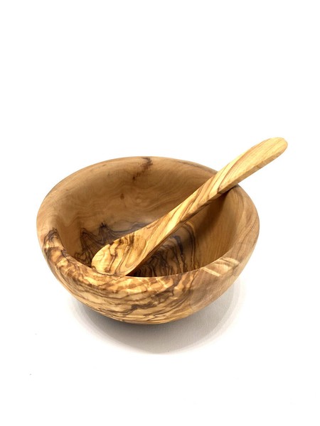 Babybreischale Ø 12 Cm Rund Naturbelassen Aus Olivenholz Holz Mit LöFfel-image