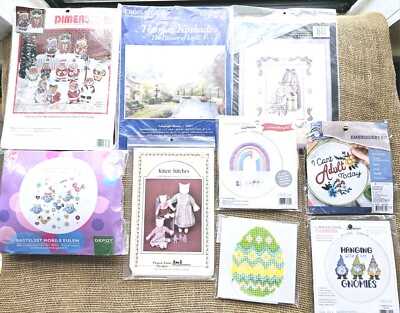 9 Craft Kits, Cross Stitch, Embroidery, Cats, Owls, Gnomes