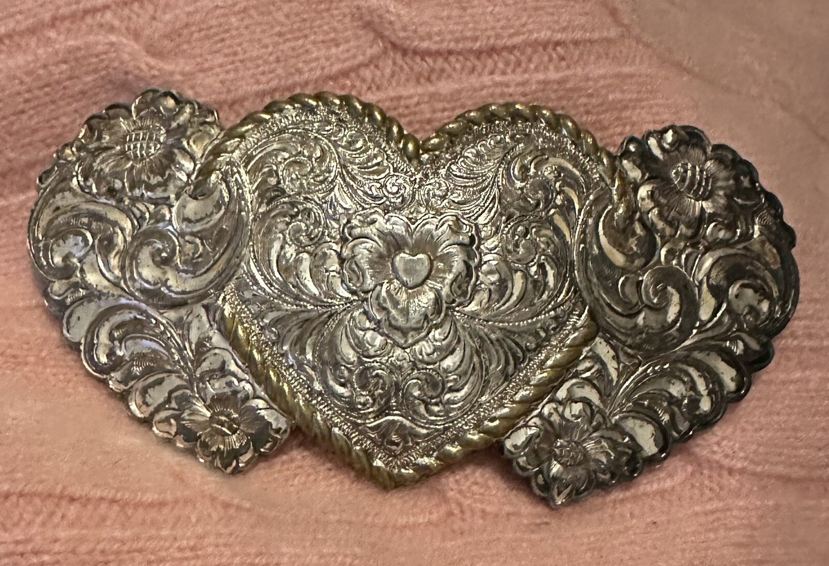 Crumrine Triple Heart Floral Belt Buckle Heavy Silver Plate  display picture 1