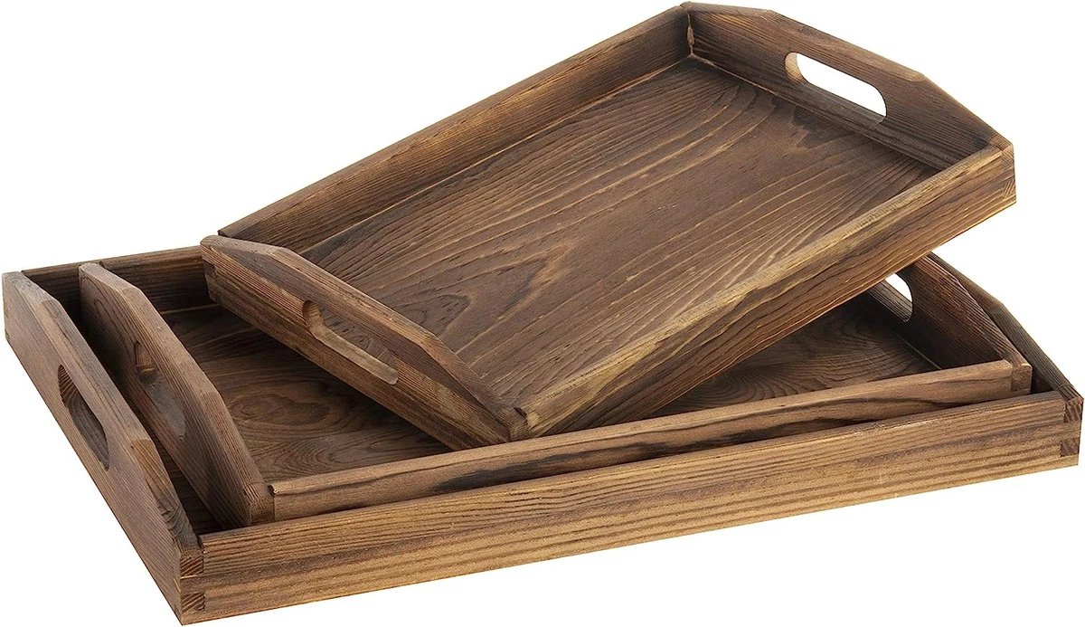 Nesting Brown Wood Serving Trays W/ Cutout Handles, Coffee Table Tray, Set  of 3