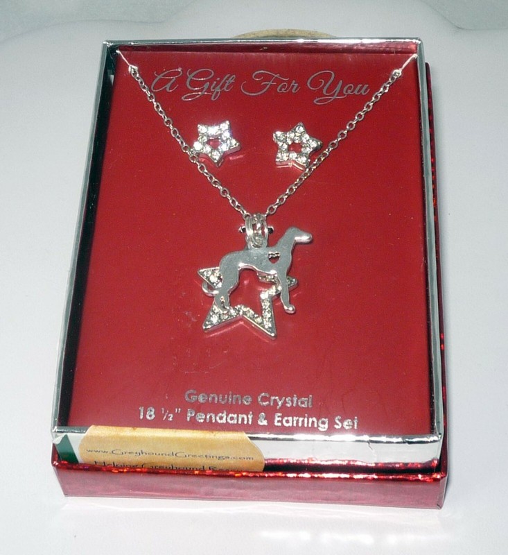 Silvr Plate + Crystal Star Necklace w SP Heart Hound Greyhound Dog, Earrings NIB