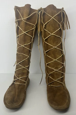 Handmade Leather/Suede Moccasin Boots Unisex Fringes Size 11 Wms ,Brown - Photo 1/4