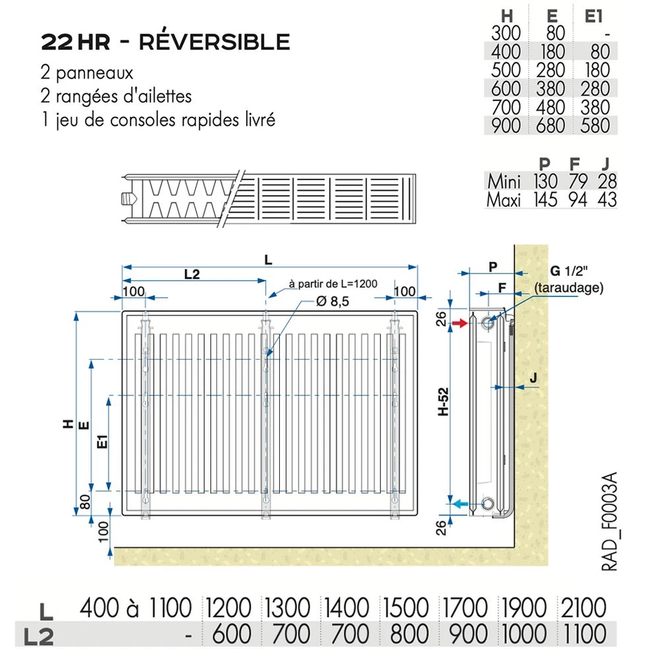 Radiateur eau chaude réversible Acier Blanc Type 22 Chauffage central DE DIETRI - Photo 3/4