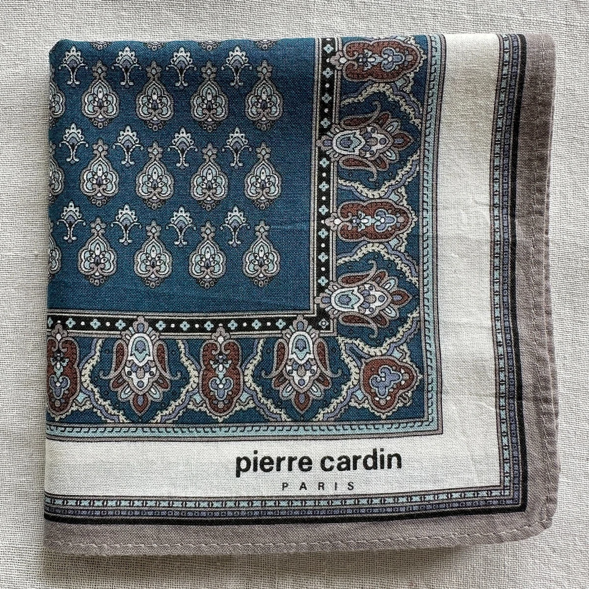 VTG Handkerchief Blue Cotton Geometric & Border Damask Classic Pocket Square 18"