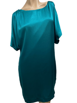 NWOT Aidan Shimmering Sheath Dress 8 Turquoise/Scp Neck Open Slvs 100% Silk