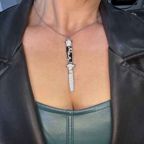 Rhinestone Switchblade Knife Pendant Necklace Goth Punk Stiletto Dagger Alt