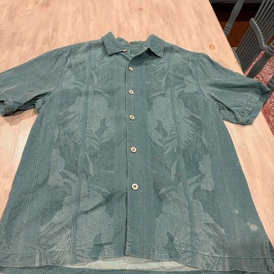 Tommy Bahama Maui Border 100% Silk Camp Shirt Mens M Teal Floral Hawaiian 