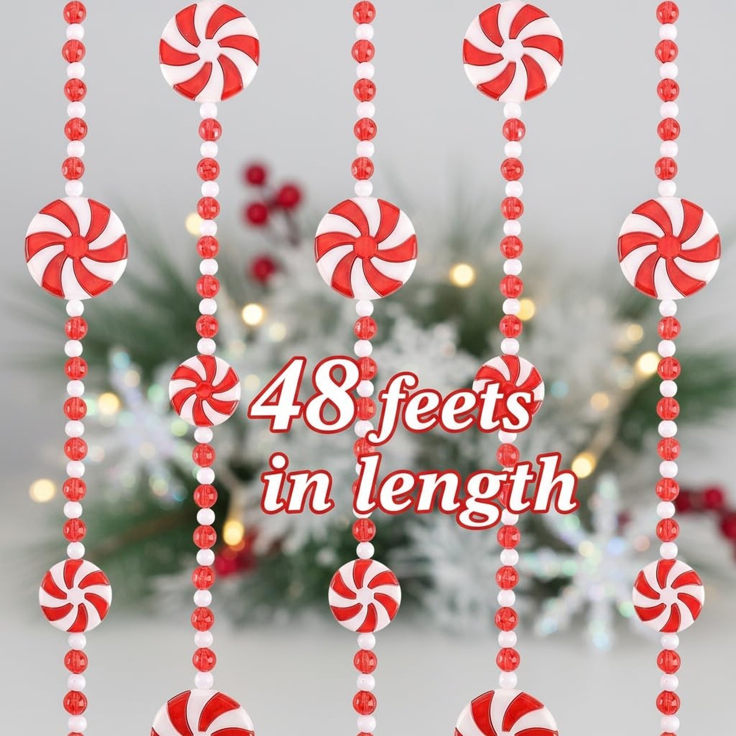 48 feet Christmas Candy Garland Plastic Bead Garland Xmas Holiday Candy Cane ...