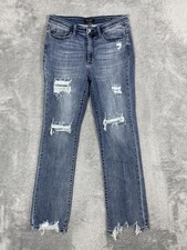 Judy Blue Jeans Womens 11/30 Blue Straight Fit Distressed Raw Hem Denim Stretch