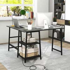 Costway L Shaped Study Table Corner Computer Desk  w/Storage Shelves Black