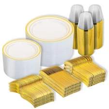 600PCS Disposable Plastic Plates, Gold Plastic Dinnerware Set Includes 100 Di...