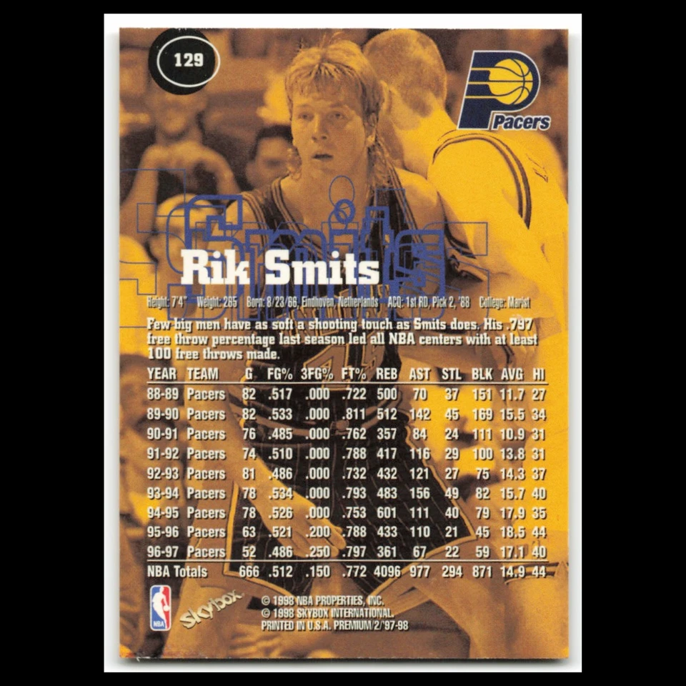 Rik Smits #129 1997 SkyBox Premium Indiana Pacers Basketball Card NBA NM - Image 2 of 3