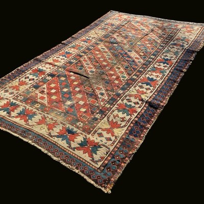Antique 1890s Caucasian Rug 4x7 Hand Knotted Gendje Wool Rug Geometric