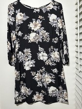 Old Navy Long Sleeve Shift Dress Floral Black White Beige Back Zip Petites S