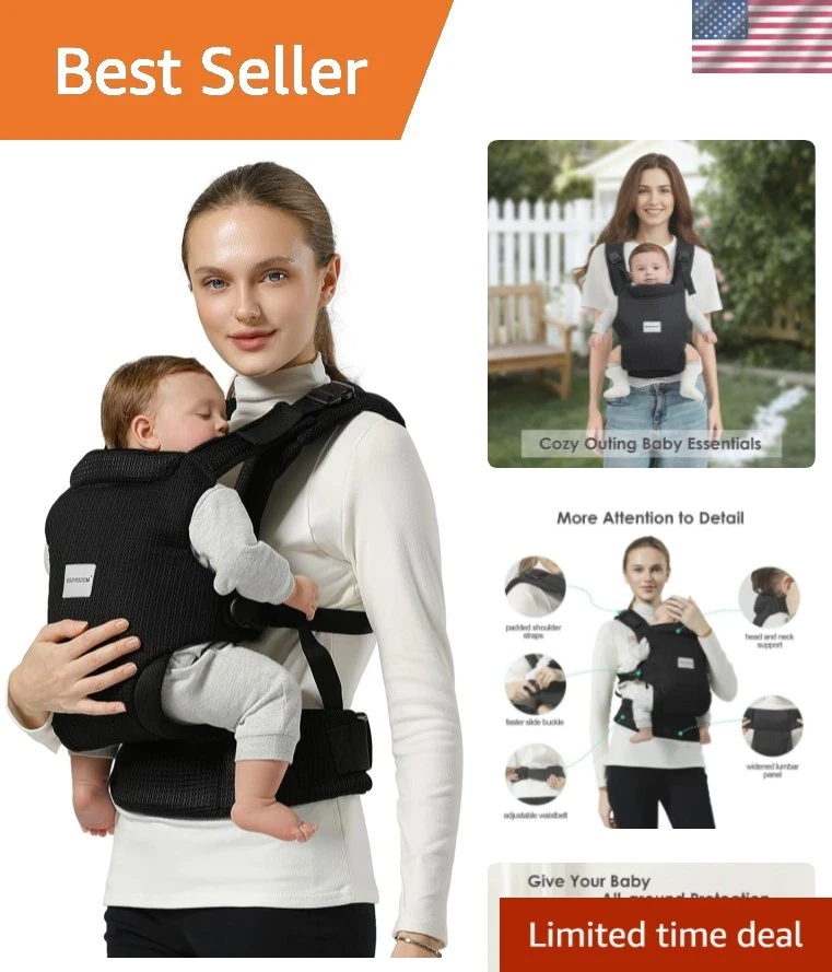 Adjustable Baby Carrier for Newborn to Toddler, Breathable Mesh & Lumbar Support