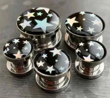 PAIR Hologram Stars Screw Fit Tunnels Ear Plugs Gauges Earlets Body Jewelry