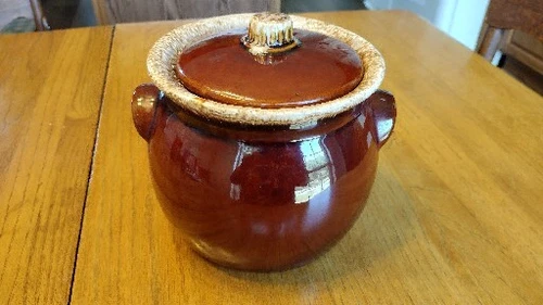 Vintage Hull Oven Proof USA Brown Drip Glaze Cookie Jar / Bean Pot Stoneware Lid