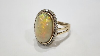 Orianne Designer Diamond Halo And Cabochon Opal 14k Yellow Gold Statement Ring