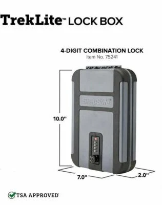 SnapSafe TrekLite Lock Box, 10" x 7" x 2", Black and Gray, TSA Comboination Lock